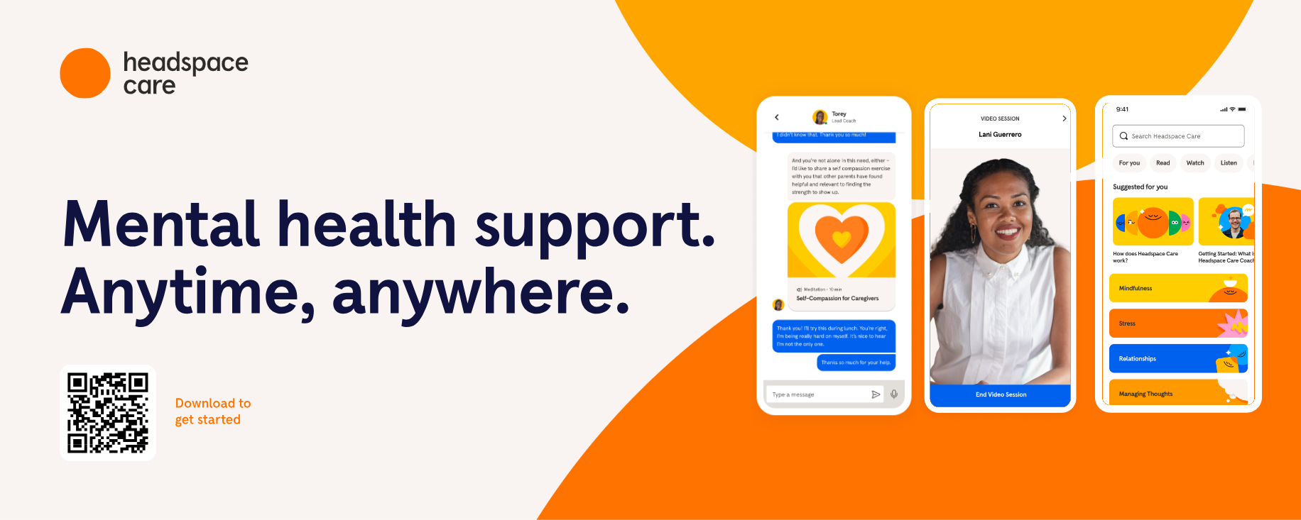 this image shows the layout of the Headspace application on a mobile device and features the tagline, "Mental Health support.  Anytime, Anywhere. "